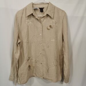 Ecologies Irish Linen Embroidered Long Sleeve Buttoned Blouse -Sz XL